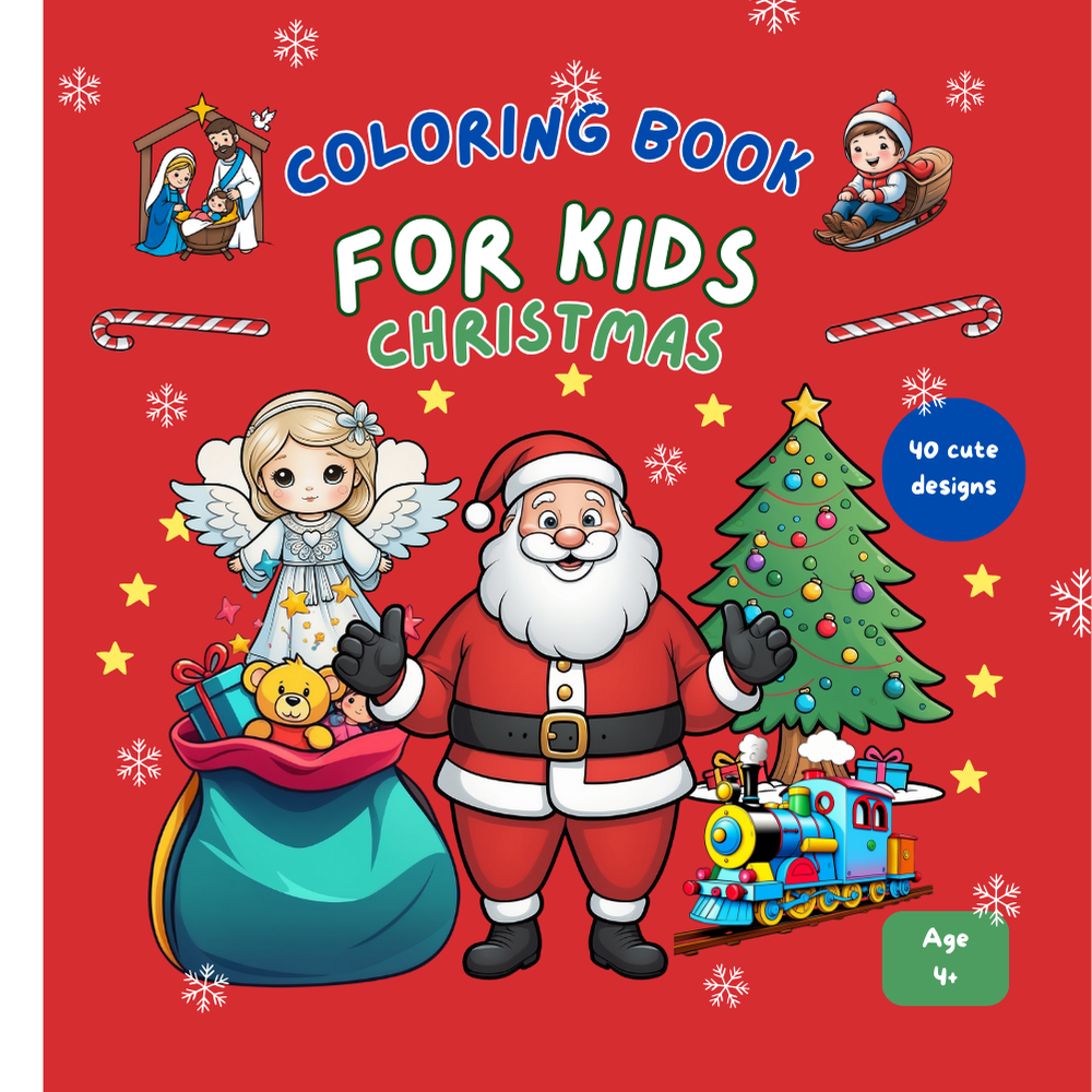 Christmas coloring book cover with Santa, tree, angel and toys – for kids