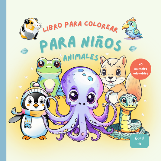 Portada del libro para colorear de animales para niños con ilustraciones adorables de pulpo, rana, pingüino, hámster y serpiente