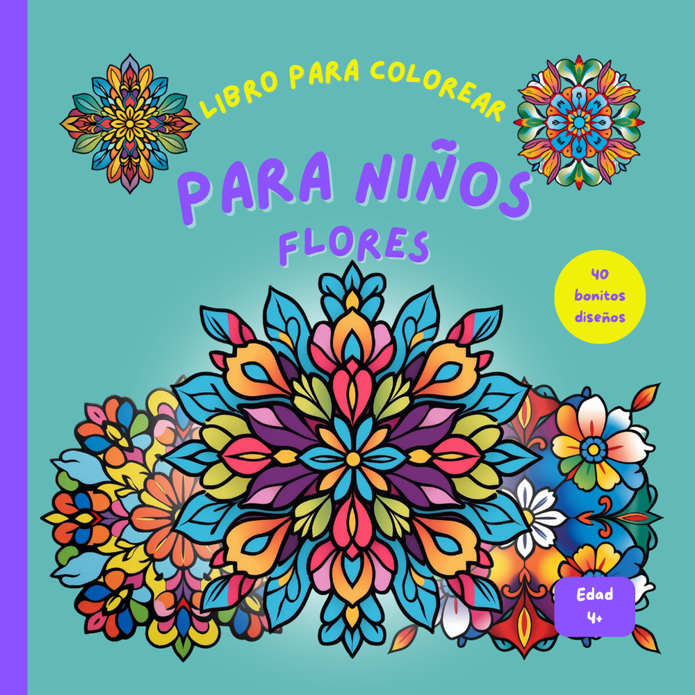 Portada del libro para colorear de flores para niños con diseño floral colorido y título en español