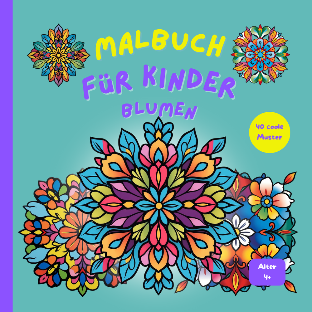 Cover des Blumen-Malbuchs für Kinder ab 4 Jahren mit bunten floralen Mandala-Motiven