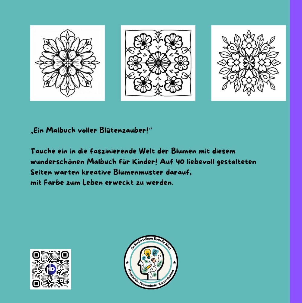 Rückseite des Blumen-Malbuchs für Kinder ab 4 Jahren mit Ausmalmotiven und Beschreibungstext
