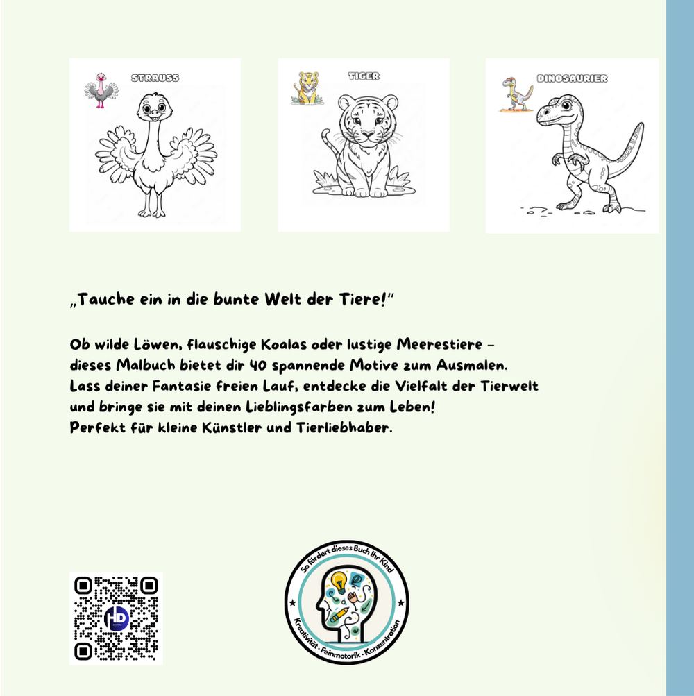 Rückseite des Tier-Malbuchs für Kinder mit 40 Ausmalmotiven, inklusive Strauß, Tiger und Dinosaurier