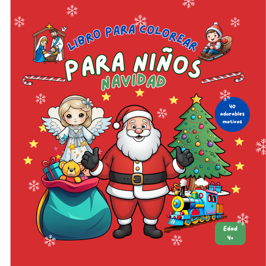 Portada del libro para colorear de Navidad para niños con Papá Noel, ángel y árbol de Navidad
