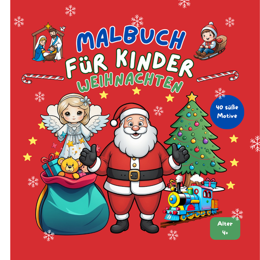 Cover des Weihnachts-Malbuchs für Kinder ab 4 Jahren mit Weihnachtsmann, Engel, Tannenbaum und Geschenken