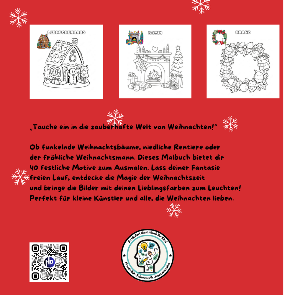 Rückseite des Weihnachts-Malbuchs für Kinder mit Ausmalmotiven von Lebkuchenhaus, Kamin und Weihnachtskranz